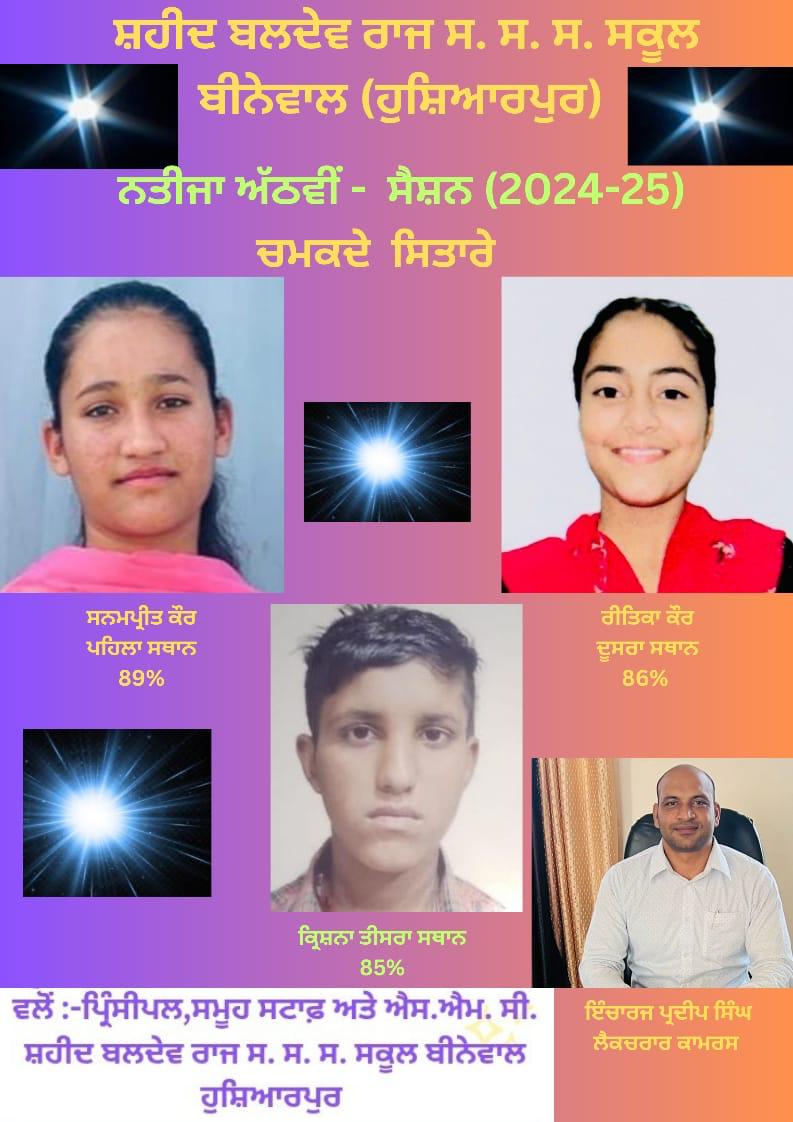 Shaheed Baldev State Government Senior Secondary School Binewal 8th class result was 100 percent